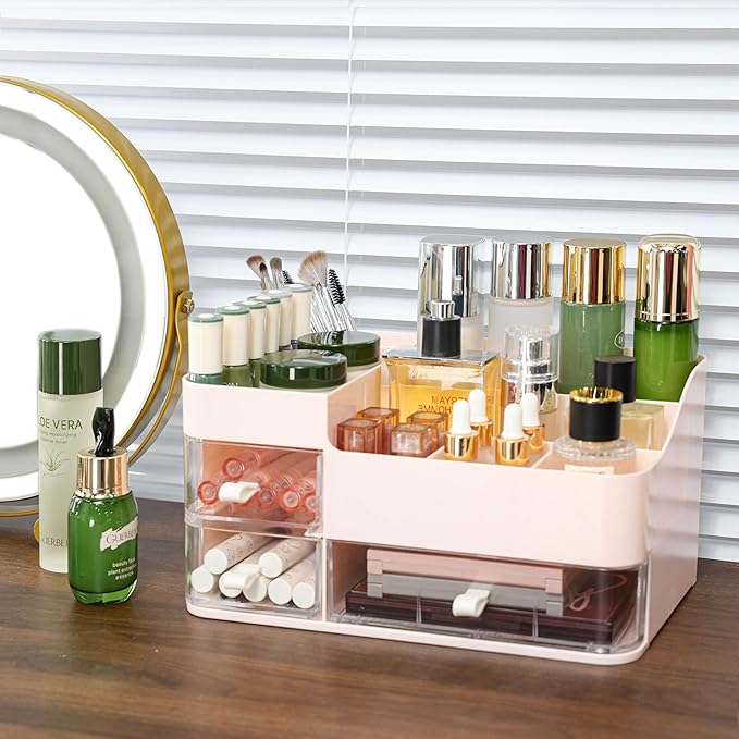 Make Up Organizer With 3 Drawers, Large Capacity Plastic Cosmetic Storage for Dresser and Vanity, Ideal for Beauty, Perfume, Brushes, Skincare, Bathroom Organizers and Storage Counter, Pink