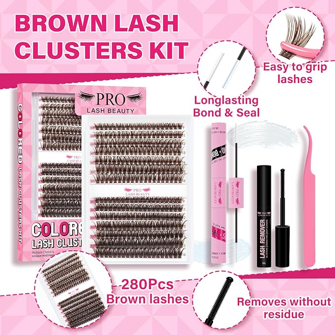 Brown Lash Extension Kit 280pcs Brown Lash Clusters Eyelash Extension Kit With Lash Bond And Seal Lash Remover Lash Applicator Eyelash Brush Easy to Apply at Home for Self Use (60D+80D-9-16mix Kit)