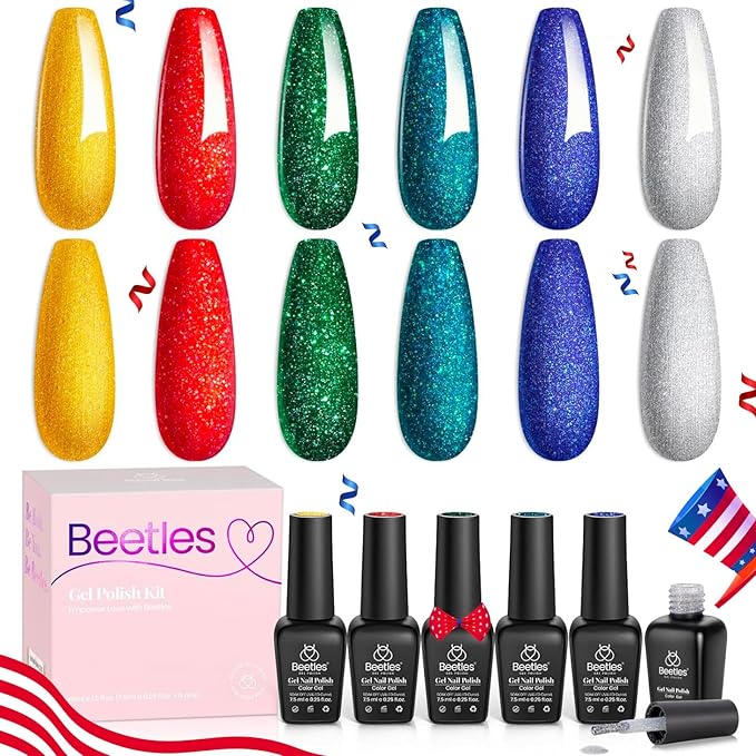 Beetles Glitter Gel Nail Polish, 6 Colors Red Green Gel Nail Polish Set Soak Off Uv LED Nail Lamp Reflective Glitter Nail Art DIY Home Nails Manicure Gifts for Women Her Girls