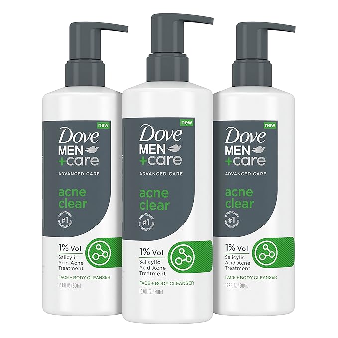 DOVE MEN + CARE Advanced Care Cleanser Acne Clear 3 Count for Acne Prone Skin Face + Body Cleanser with 1% Salicylic Acid 16.9 oz