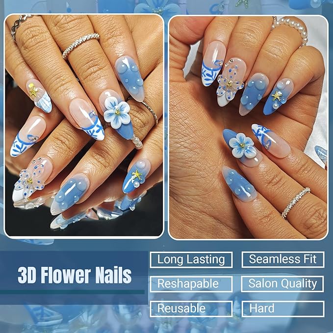 Handmade Acrylic Press On Nails Almond, 3D Press On Nails Medium, Ocean 3D Blue Nails French Tip Flower Bubble Preal For Women Gift, Reusable Stick On Fake Nails Kit With Nail Glue (Ocean Bloom-M)