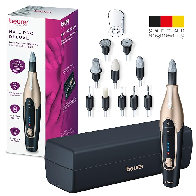 Beurer MP84BLK Nail Pro Deluxe - 14-Piece Professional Manicure & Pedicure Nail Drill Kit, Cordless, Rechargeable Electric Nail File with Attachments, LED Light, USB-c Charging & Storage Case