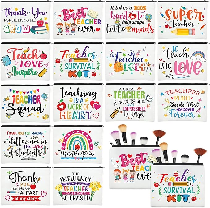 Hillban 32 Pieces Teacher Gifts Teacher Appreciation Gifts Women Cosmetic Makeup Bag Funny Pencil Pouch for Graduation Birthday Christmas(Cute)