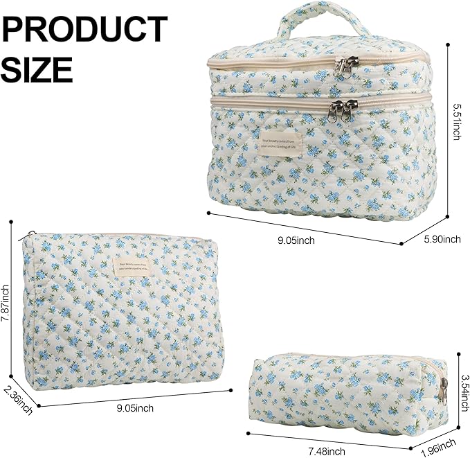 Dual Layer Cute Makeup Bag for Women(3 Pcs), Quilted Floral Coquette Aesthetic Make up Bags, Travel Cosmetic Bags Toiletry Organizer Bag(Blue Rose)