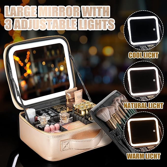 Makeup Travel Train Case with Mirror LED Light 3 Adjustable Brightness Cosmetic Bag Portable Storage Adjustable Partition Waterproof Makeup Brushes Makeup Jewelry Gift for Women