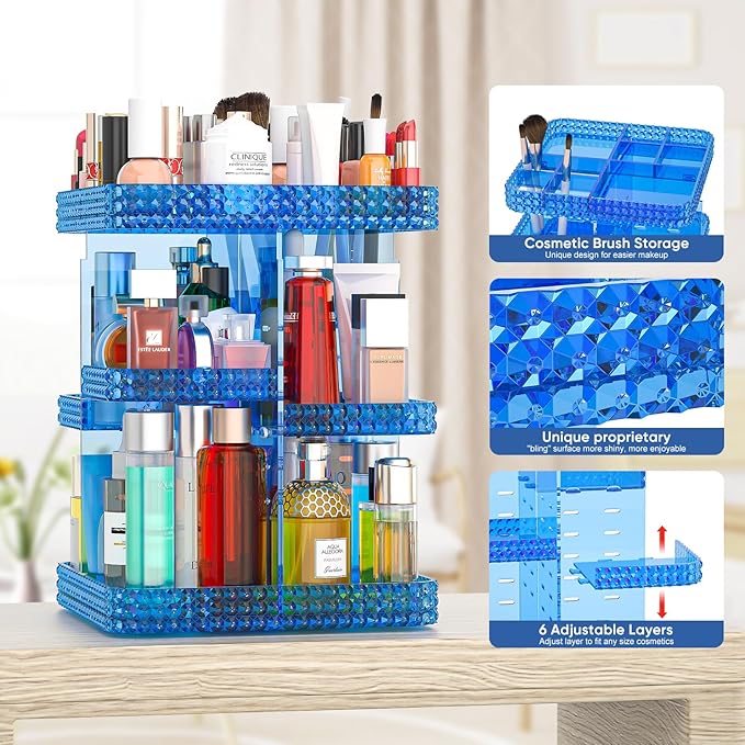 Makeup Organizer, 360 Degree Rotating Adjustable Cosmetic Storage Display Case with 6 Layers Large Capacity, Fits Cosmetics, Perfume, Skin Care, Makeup Brushes, Lipsticks (Blue)