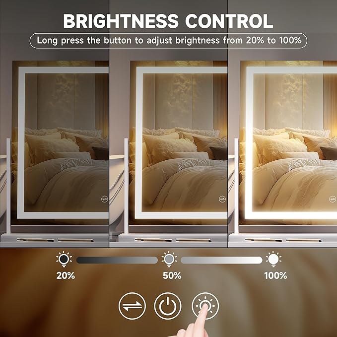 Hasipu Vanity Mirror with Lights, 23.6" x 18.1" LED Makeup Mirror, Light up Mirror with Smart Touch 3 Colors Dimmable, Brightness Adjustment, 360° Rotation (White)