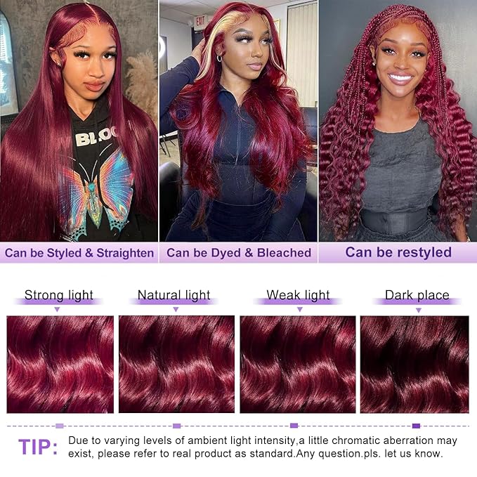 24 Inch 99J Burgundy Lace Front Wigs Human Hair 13x6 Lace Front Wigs Human Hair Body Wave HD Transparent with Baby Hair Red Wine Glueless Lace Front Wigs Human Hair Wigs for Women 180 Density
