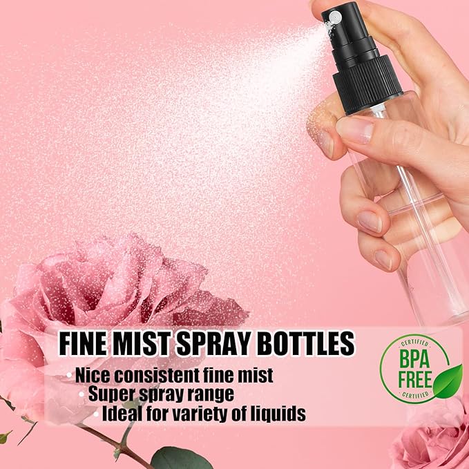 100Pack 2oz Spray Bottles Small, 60ml Travel Spray Bottle Black Fine Mist Sprayer, Empty Refillable Containers Portable Cosmetic Bulk Plastic Spray Bottles for Plants, Cleaning, Misting & Skin Care
