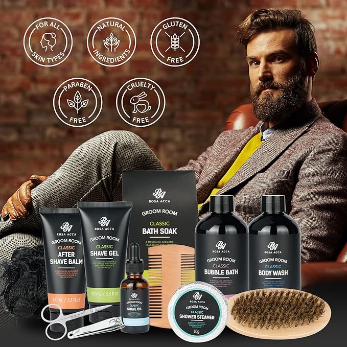Bath Gift Set 14Pcs Beard Grooming, Bath & Body Spa Kit w/Beard Oil, Beard Balm, Beard Brush, Beard Comb, Beard Scissors, Storage Bag, Beard Growth Care for Men, Dad, Husband