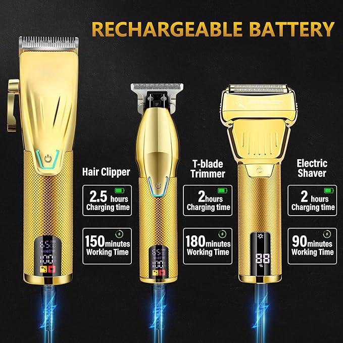 Hair Clippers for Men Professional，Clippers and T-Blade Trimmers Set，Electric Razor Shavers Hair Trimmer Kit，Hair Cutting Machine，LCD Display,Best Presents(Gold)