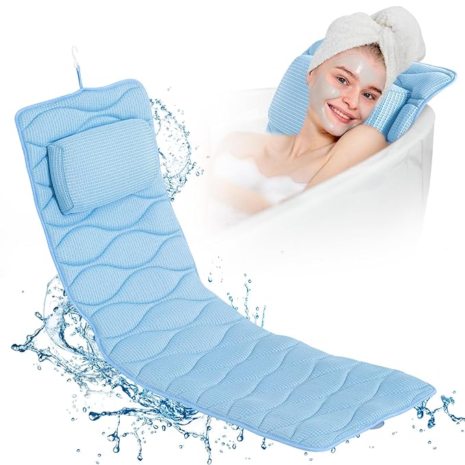 OMYSTYLE Full Body Bath Pillow, Bath Pillows for tub with Mesh Washing Bag & 21 Non-Slip Suction Cups, Spa Bathtub for Head Neck Shoulder and Back Support - 5D Air Mesh & Quick Drying | Blue