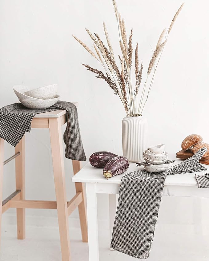 Pure 100% Linen Hand Towels - Set of 2 Linen Kitchen Towels Waffle Weave Black-Natural - 13 x 29-inch Soft Lightweight Stone-Washed Dish Towels - Quick-Dry Tea Towel - Kitchen Linens