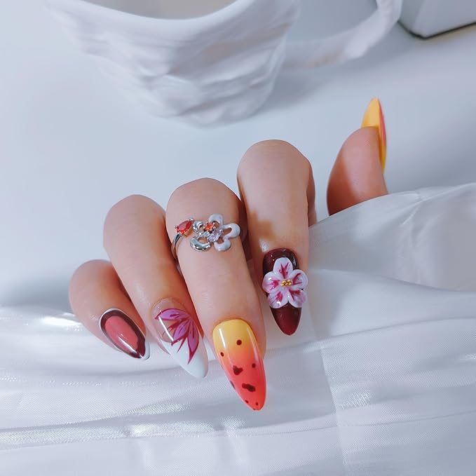 Almond Press on Nails Handmade Medium Long/Stiletto 3D Flower Fake Nail with Designs, Women Reusable False Nails (Orange Floral, L)
