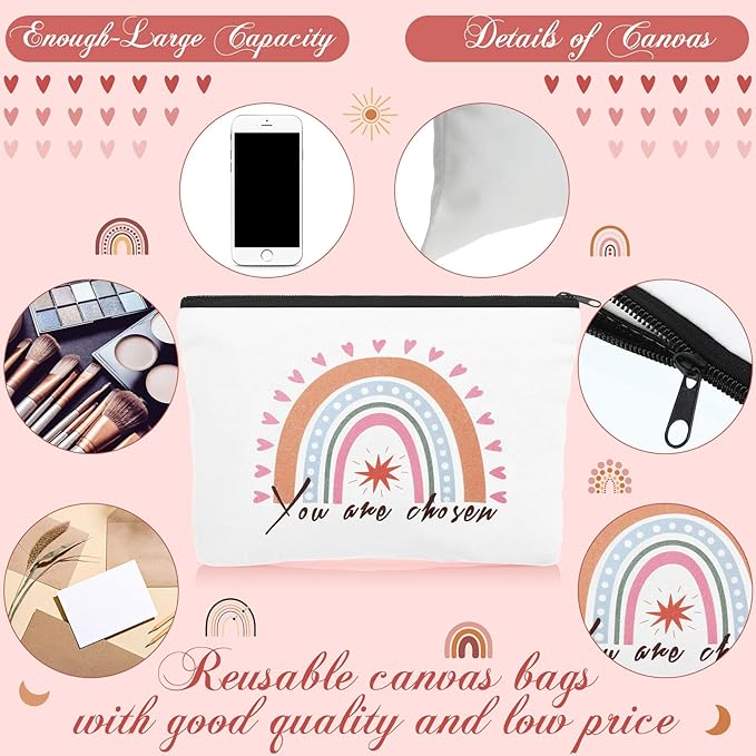 Pinkunn Rainbow Canvas Cosmetic Bag Bulk with Inspirational Quote Keychains Set 16 Pcs Cosmetic Bags 16 Pcs Keychains You are Amazing Beautiful Kind Travel Pouch Zipper for Graduation Gift