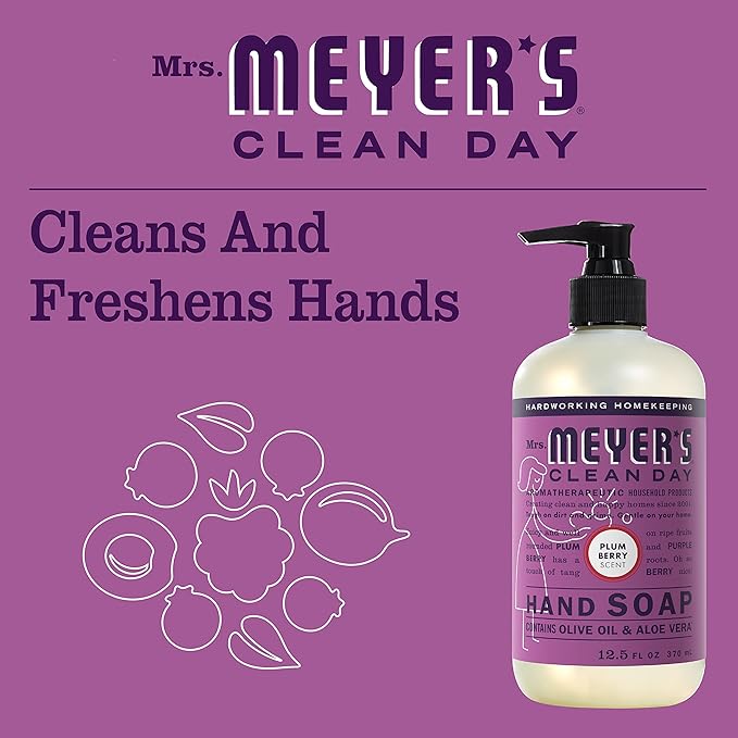 MRS. MEYER'S CLEAN DAY Liquid Hand Soap, Cruelty Free and Biodegradable Hand Wash Formula Made with Essential Oils, Plum Berry Scent, 12.5 oz - Pack of 6