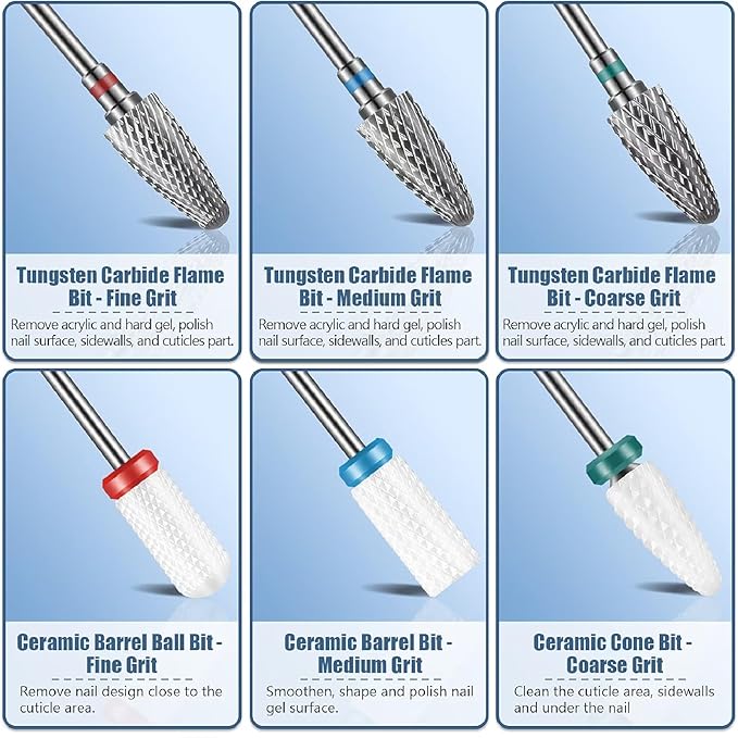 Depvko 13PC Nail Drill Bits Set, Drill Bits for Nails, 3pcs Tungsten Carbide Drill Bits+ 3pcs Ceramic Efile Nail Drill Bits+ 6pcs Cuticle Drill Bits+ 1pcs Brush, 3/32 inch Nail Bits for Nail Drill