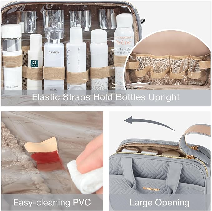 BAGSMART Toiletry Bag for Women, Large Toiletry Bag Water-resistant Makeup Cosmetic Organizer Bag for Accessories, Shampoo, Full Sized Container, Toiletries, (Large,Grey)