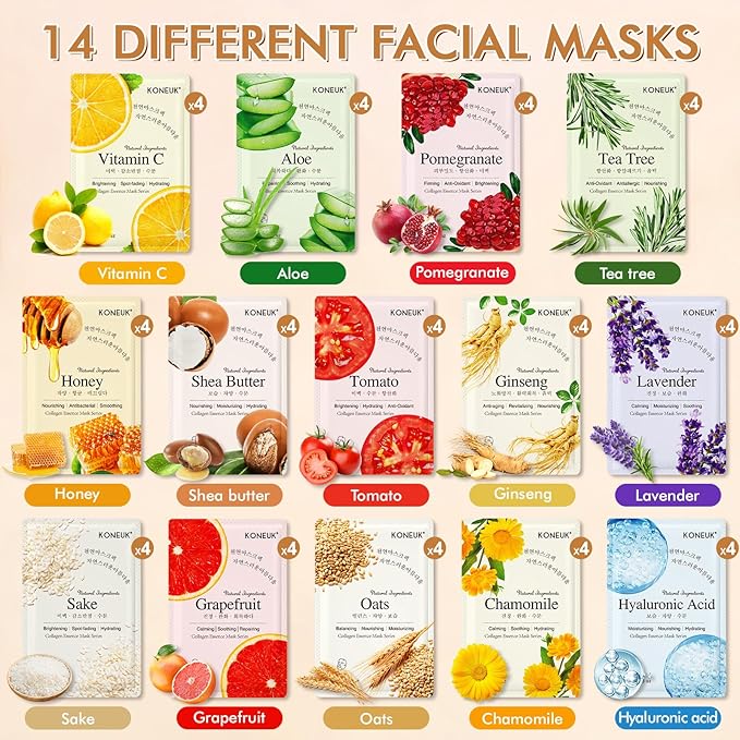 56 Pack Sheet Face Masks Skincare for Women, Hydrating Face Masks Suitable for Sensitive Skin, Bulk Facial Mask Gifts Set for Skin Care, Home Skincare Spa for All Skin Types
