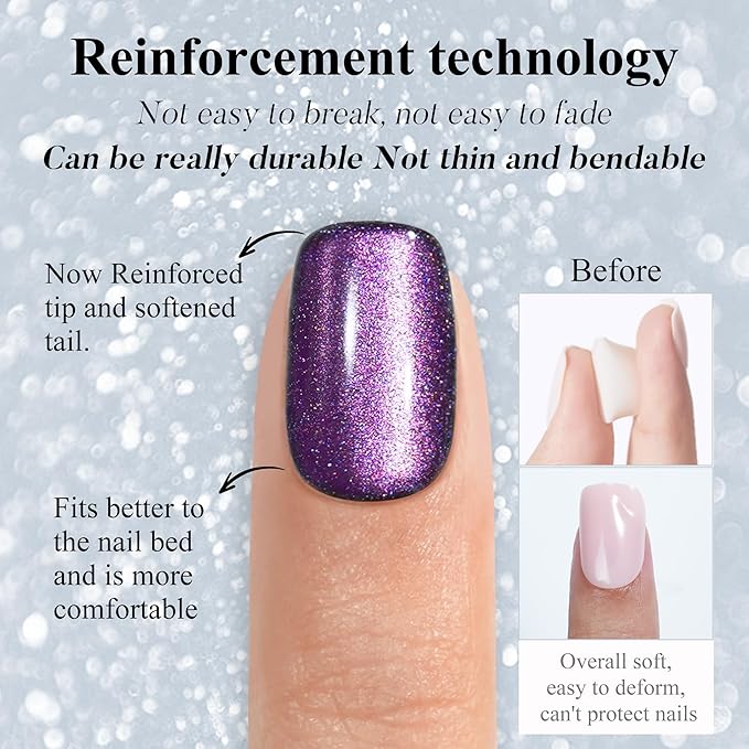 Cat Eye Press on Nails Kit- Milky Way Galaxy, Jofay Fashion Square Short Salon-Like Fake Nails with Deep Purple Glitter, Acrylic False Nails Reusable Full Cover Stick on Fake Nails for Women, 32 Sizes