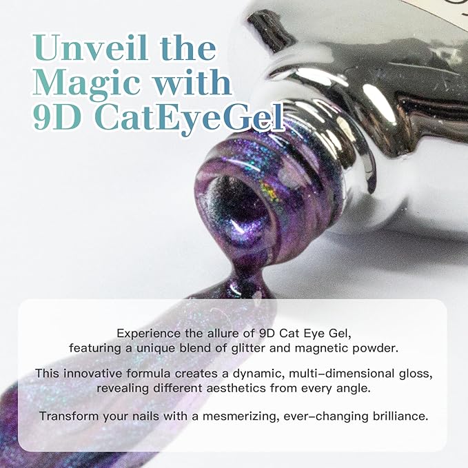 9D Cat Eye Gel Nail Polish Set, 15ml Black Gel + 15ml Sapphire Shimmer Cat Eye Gel, Includes Silicone Handle Cylinder Magnetic Stick for Mesmerizing 9D Effects