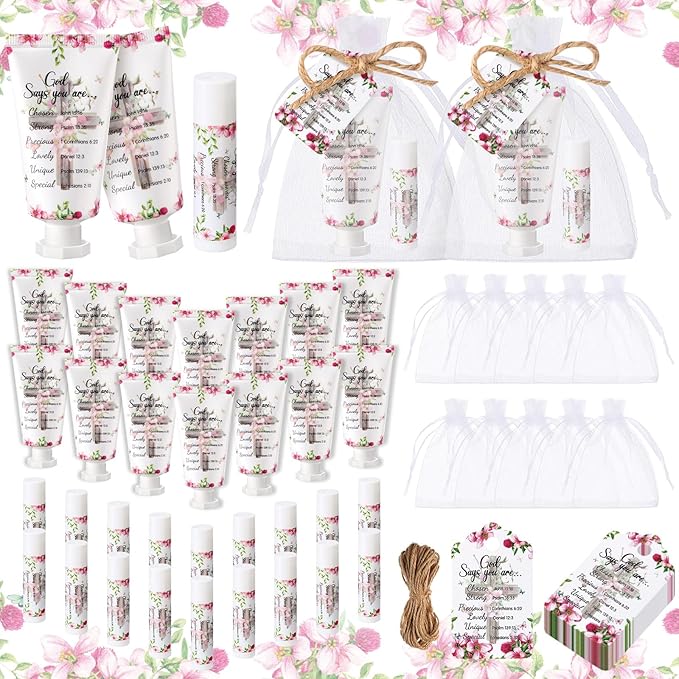24 Sets Christian Hand Cream and Lip Balm Gift Set Christmas Christian Gift for Women Travel Size Hand Lotion Bible Verse Lip Balm Bulk for Baby Bridal Shower Mom Holiday Gift(Cute)