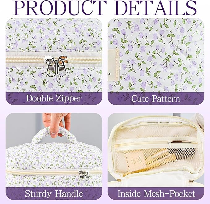 Makeup Bag, 3 PCS Quilted Makeup Bag, Cute Floral Cotton Cosmetic Bag set, Coquette Makeup Pouch Large Travel Toiletry Bag