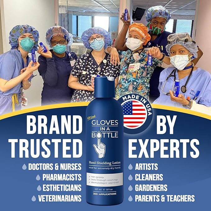 Gloves In A Bottle Non Greasy Healthcare Workers Hand Creams – Hand Cream for Nurses – Silicone Glove Cream – Water Resistant Dry Cracked Hands Treatment – Relief for Eczema – 2 oz & 8 oz with Pump