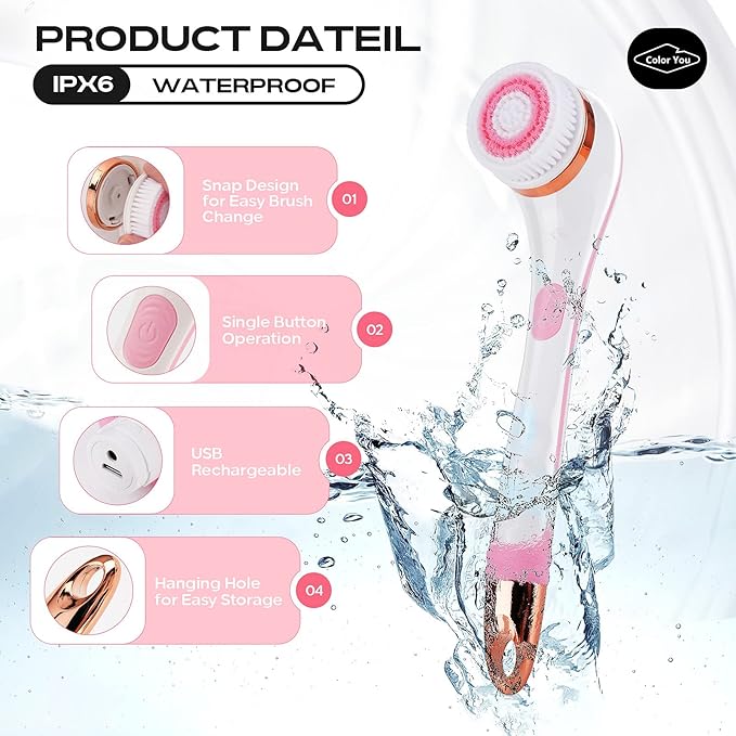 Color You Electric Body Brush for Exfoliating and Massage, Long Handle Electric Bath Brush Rechargeable Body Scrubber, Soft Silicone Spinning Skin Brush with 4 Spin Brush Heads for Man and Women
