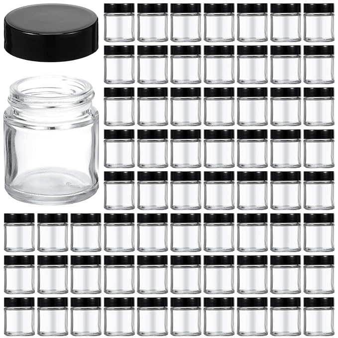 Aoriher 60 Pieces Glass Jars with Lids Clear Small Mason Empty Round Spice Wide Mouth Canning Storage Refillable Cosmetic Containers for Lotions Cream Powders (1 oz) clear and black HS-Aoriher-23870