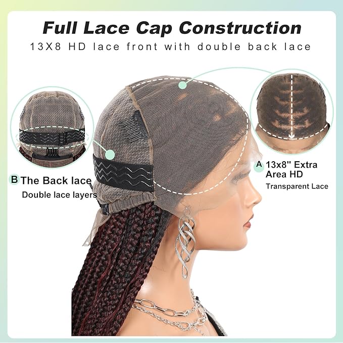 18" 13x8 Inch HD Lace Front Boho Box Braided Wigs With Cruls Ends Short Knotless Box Braid Wig for Women Full Braided Lace Front Wig With Baby Hair Burgundy Natural Color