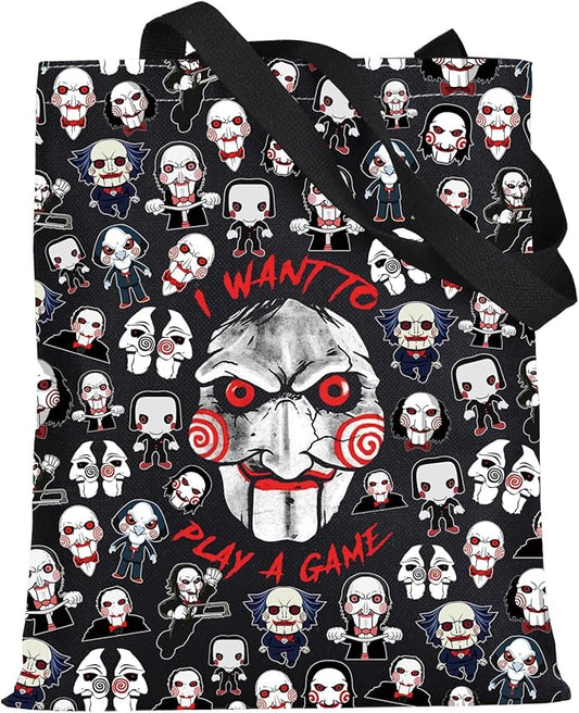 LEVLO Sadistic Thriller Tote Bag Horror Movie Fans Gift I Want To Play A GamePuzzle Horror Shoulder Bag Horror Movie Merch