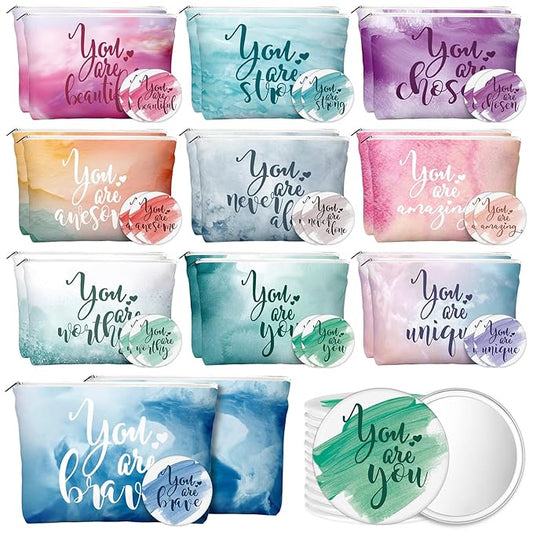 20 Pcs Employee Appreciation Gifts 10 Inspirational Canvas Makeup Bags 10 Compact Mirrors Bulk Cosmetic Bags Round Portable Pocket Mirror Thank You Gifts for Women (Inspiration)