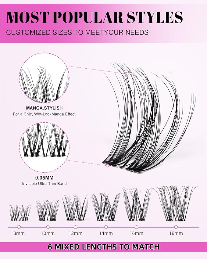 Magic Lash Clusters Kit 8-18mm Volume Wispy Fluffy Eyelashes Cluster Extension Kit D Curl Individual DIY Fake Lashes Extension Kit with Lash Bond and Seal Waterproof False Eyelashes Clusters Kit