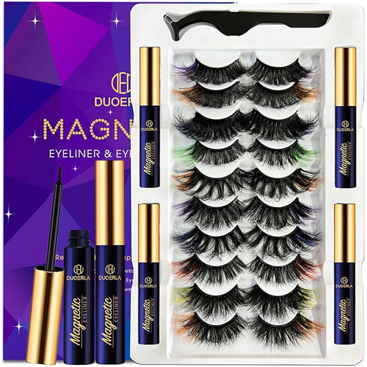 DUOERLA Magnetic Eyelashes 8D Luxury Volume Fluffy Colored Eyelashes Magnetic Lashes with Eyeliner Kit, Cat-Eye 18-23MM Long Cruelty-Free&Vegan 10 Pairs