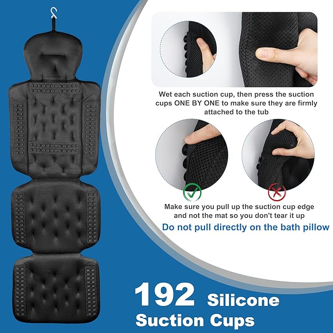 Full Body Bath Pillow, Luxury Bath Cushion with 192 Suction Cups, Bath Pillows for Tub for Head and Neck Support, with Laundry Bag Black, 51" x 16"