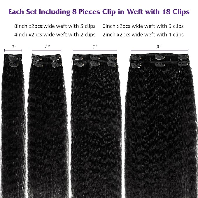 Kinky Straight Clip in Hair Extensions Real Human Hair Yaki Straight Clip ins for Women Brazilian Remy Human Hair Extensions Double Weft 8pcs 90g Per Set with 18 Clips (14 Inch, #1 Jet Black Color)