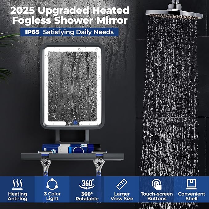 Shower Mirror Fogless for Shaving, Anti Fog Bathroom Mirror with Light, Heated Fog Free Shaving Mirror, 5000mAh Rechargeable Battery with 2 Razor Holders & Storage Tray, 3-Color Dimmable