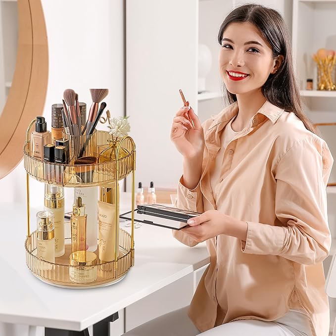 Aveniee 360 Rotating Makeup Organizer for Vanity, Upagraded Perfume Skincare Bathroom Counter Organizers with Brush Divider, Two Tier Spinning Lipstick Cosmetic Makeup Lotion Storage Organizer(Gold)