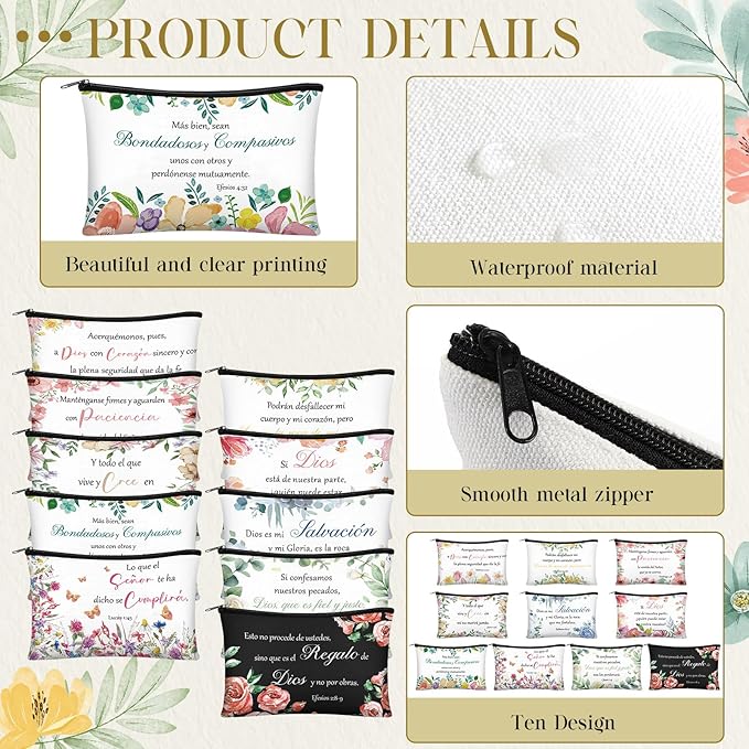 Jetec 30 Pcs Christian Gift for Women Religious Mother's Day Gifts Cosmetic Bags Inspirational Bible Verse Pencil Pouch Makeup Bags with Zipper for Travel Women Mother Sister(Spanish Bright Style)