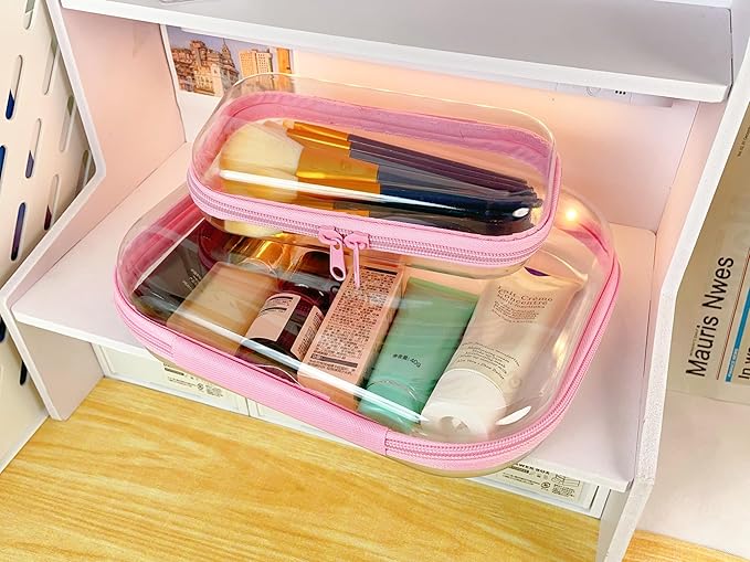 3PCS Clear Zipper Cases, Portable Clear Organizer Pouches for Travel, Double Zippered Hard Shell Plastic Case, Cosmetic Bag for Make Up Tools, Toiletries, Toy Storage (Pink, 1 Pack)