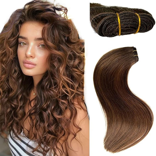 Sew in Hair Extensions Real Human Hair, Hand Tied Weft Hair Extensions 20 Inch Dark Brown Balayage Light Brown Highlights Hair Wefts Straight Human Hair Weft Extensions Weaves Bundles 100G for Women