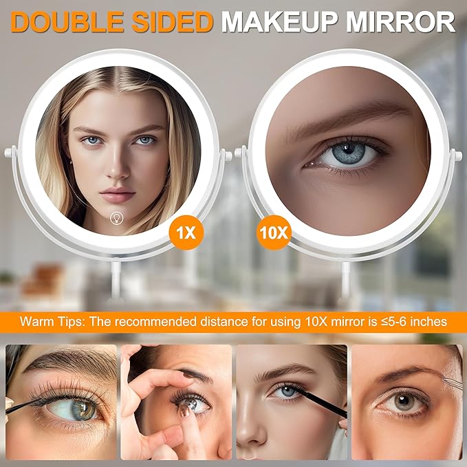 10x Large Lighted Makeup Mirror, Rechargeable 8.7" Double-Sided Vanity Mirror with 3 Color Dimmable Lights, 1X/10X Height Adjustable Magnifying Mirror, 360° Swivel, for Women Girl(White)
