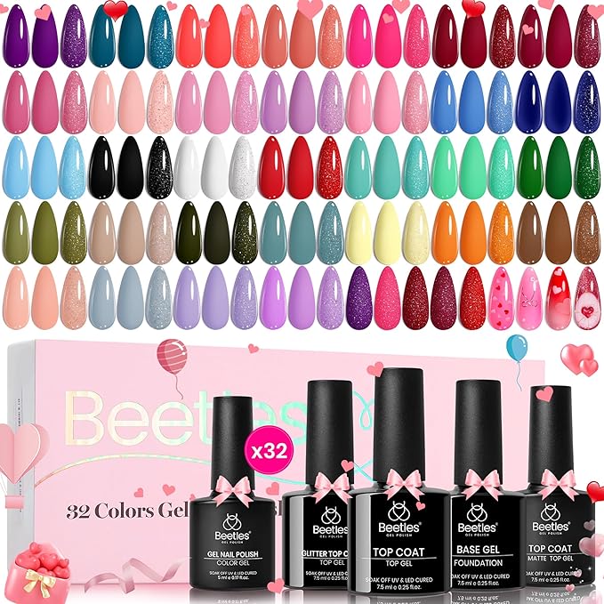 beetles Gel Polish Set Summer Gel Nail Polish Kit Spring Pastel 36 Pcs 32 Colors with Base Top Coat Hot Pink Green Black White Burgundy Red Blue Purple Gifts for Women Fingertip Palette