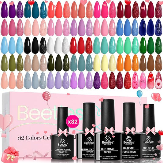 beetles Gel Polish Set Summer Gel Nail Polish Kit Spring Pastel 36 Pcs 32 Colors with Base Top Coat Hot Pink Green Black White Burgundy Red Blue Purple Gifts for Women Fingertip Palette