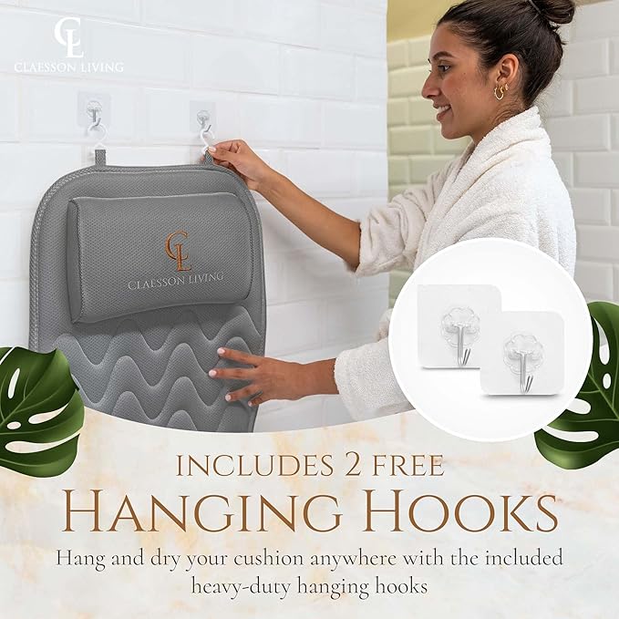 Full Body Bath Pillow (17'' x 49'') - Bathtub Cushion with Headrest Supports Neck, Back and Legs - Free Hanging Hooks for Fast Drying Over Tub - Includes Washing and Travel Bags - Gray