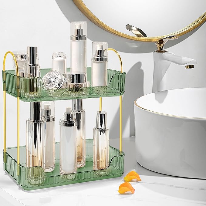 Bathroom Counter Organizer Countertop Storage Skincare Countertop Makeup Organizer Cosmetics Skincare Organizers Holder for Perfume-Green-Golden Pole