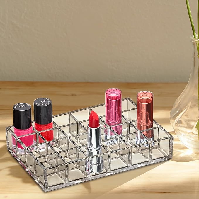 Amazing Abby - Allure - 24-Slot Acrylic Lipstick Organizer, Lipstick Holder, Lip Gloss Holder, Cosmetic Storage Display, Perfect Storage Solution for Drawer and Vanity (Slot Size: 1.0" x 1.0")