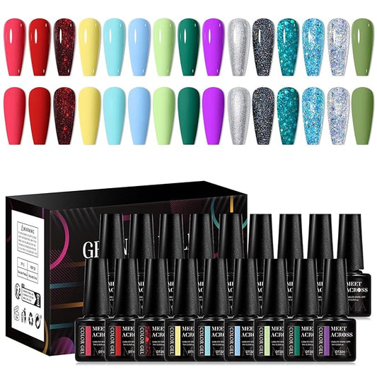 MEET ACROSS Gel Nail Polish Set 18PCS Glitter Gel Polish Set 15 Colors Nude Nail Polish Red Green Spring Gel Nail Polish Kit Nail Art Design Salon for Women