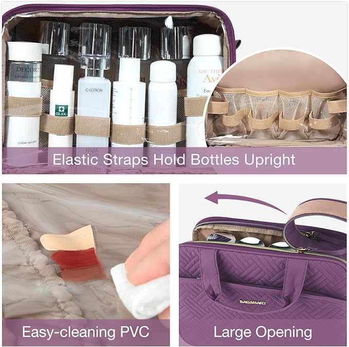 BAGSMART Large Toiletry Bag, Travel Makeup Organizer Water-resistant Makeup Cosmetic Bag Travel Bag for Accessories, Shampoo, Full Sized Container, Toiletries (Purple, Medium)